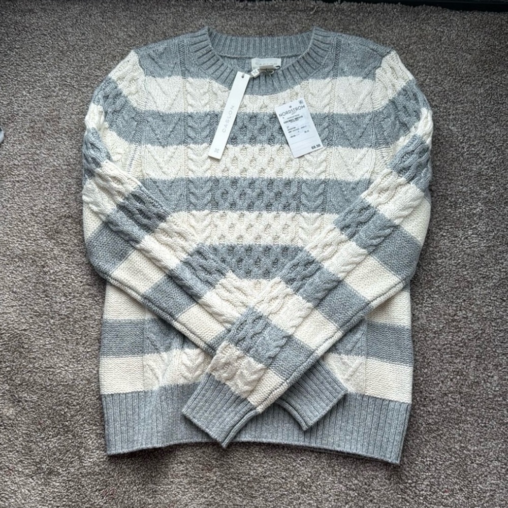 Caslon Crewneck Sweater in Gray and Cream with Textured Stripes